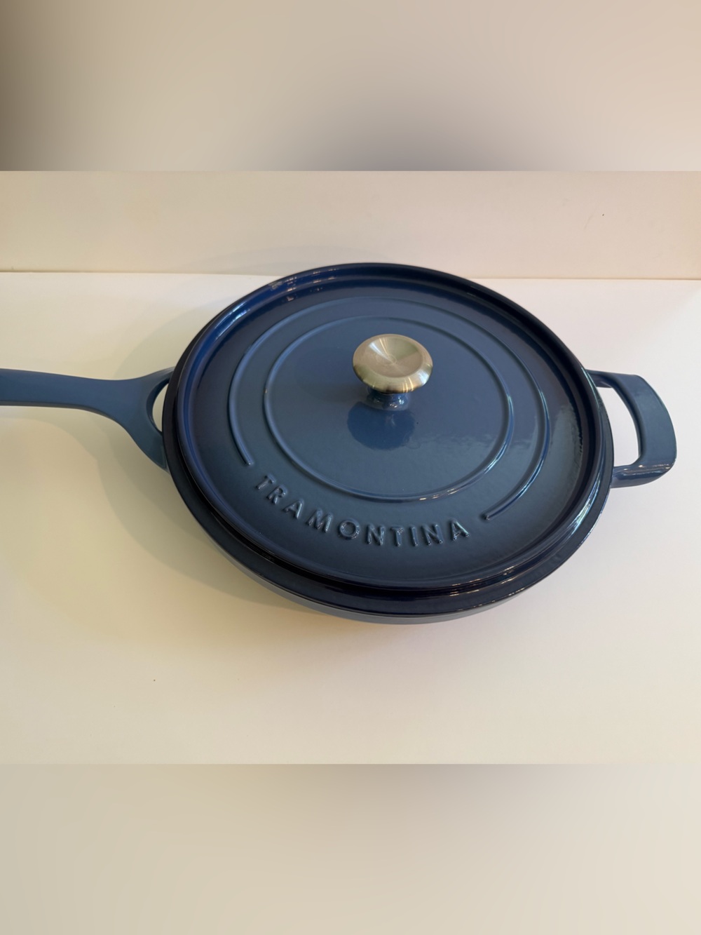 Tramontina 12” blue Enameled Cast Iron Covered Skillet Stovetop & Oven safe